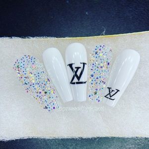 Hand painted LV long coffin press on nails